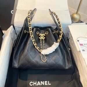 Chanel Black Caviar Leather Drawstring Bucket Bag Gold CC Chain Hardware